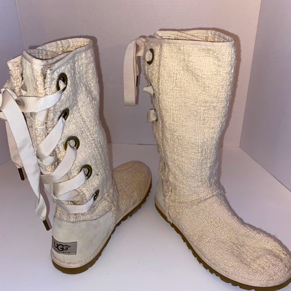 Lace Up Back Woven Fabric Tall Ugg Boots